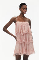 Viola Pink Tiered Mini Dress with Lace Trim - Aura Muse