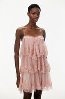Viola Pink Tiered Mini Dress with Lace Trim - Aura Muse