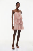Viola Pink Tiered Mini Dress with Lace Trim - Aura Muse