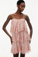 Viola Pink Tiered Mini Dress with Lace Trim - Aura Muse