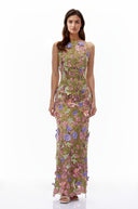 Violeta Nude Halterneck Maxi Dress with 3D Florals - Aura Muse