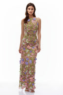 Violeta Nude Halterneck Maxi Dress with 3D Florals - Aura Muse