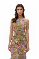 Violeta Nude Halterneck Maxi Dress with 3D Florals - Aura Muse
