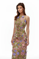 Violeta Nude Halterneck Maxi Dress with 3D Florals - Aura Muse