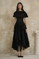 Wilhelmina Black Asymmetrical Shawl & Tulle Panel Dress Set - Aura Muse
