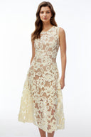 Xena Pale Yellow Round Neck Floral Lace Midi Dress - Aura Muse
