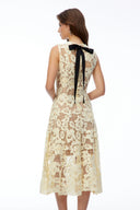 Xena Pale Yellow Round Neck Floral Lace Midi Dress - Aura Muse