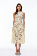 Xena Pale Yellow Round Neck Floral Lace Midi Dress - Aura Muse