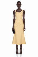 Xenia Yellow Floral Applique Fishtail Midi Dress - Aura Muse