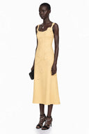 Xenia Yellow Floral Applique Fishtail Midi Dress - Aura Muse