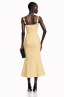 Xenia Yellow Floral Applique Fishtail Midi Dress - Aura Muse