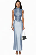 Ygraine Fringe Satin Skirt Set In Blue - Aura Muse