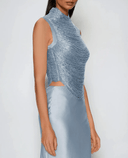 Ygraine Fringe Satin Skirt Set In Blue - Aura Muse