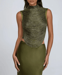 Ygraine Fringe Satin Skirt Set In Olive - Aura Muse