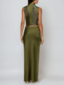 Ygraine Fringe Satin Skirt Set In Olive - Aura Muse