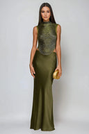 Ygraine Fringe Satin Skirt Set In Olive - Aura Muse