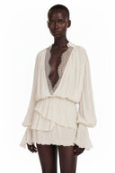Yolande Cream Ruched Mini Dress with Lace Trim - Aura Muse