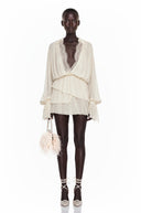 Yolande Cream Ruched Mini Dress with Lace Trim - Aura Muse