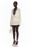 Yolande Cream Ruched Mini Dress with Lace Trim - Aura Muse