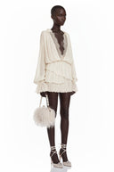 Yolande Cream Ruched Mini Dress with Lace Trim - Aura Muse