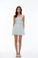 Zephyr Blue Square Neck Lace Pleated Mini Dress - Aura Muse