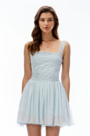 Zephyr Blue Square Neck Lace Pleated Mini Dress - Aura Muse