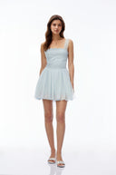Zephyr Blue Square Neck Lace Pleated Mini Dress - Aura Muse