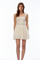 Zephyr Cream Square Neck Lace Pleated Mini Dress - Aura Muse