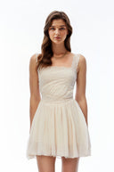 Zephyr Cream Square Neck Lace Pleated Mini Dress - Aura Muse