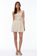 Zephyr Cream Square Neck Lace Pleated Mini Dress - Aura Muse