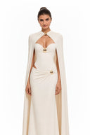 Zinnia White Ruched Maxi Dress & Cape Set with Metal Hardware - Aura Muse