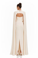 Zinnia White Ruched Maxi Dress & Cape Set with Metal Hardware - Aura Muse