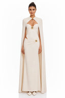 Zinnia White Ruched Maxi Dress & Cape Set with Metal Hardware - Aura Muse