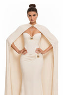 Zinnia White Ruched Maxi Dress & Cape Set with Metal Hardware - Aura Muse