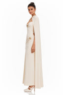 Zinnia White Ruched Maxi Dress & Cape Set with Metal Hardware - Aura Muse
